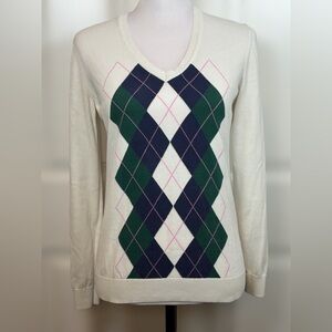 Tommy Hilfiger Pima Cotton Argyle V Neck Sweater M Slim Fit white green blue